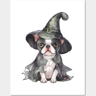 Watercolor Boston Terrier Dog in Witch Hat Posters and Art